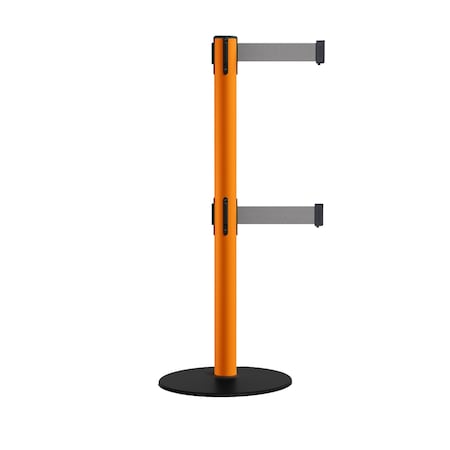 Montour Line Retractable Dbl Belt 2.5" Orange Post , Low Base, 9' Lt Gry Belt S400D-OR-LGY-90